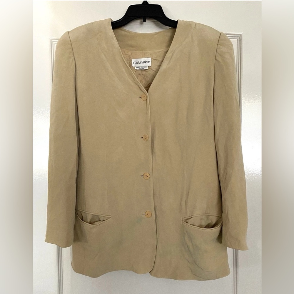 Calvin Klein Vintage 100% Silk Blazer Jacket Women’s 10 Shoulder Pads Collarless